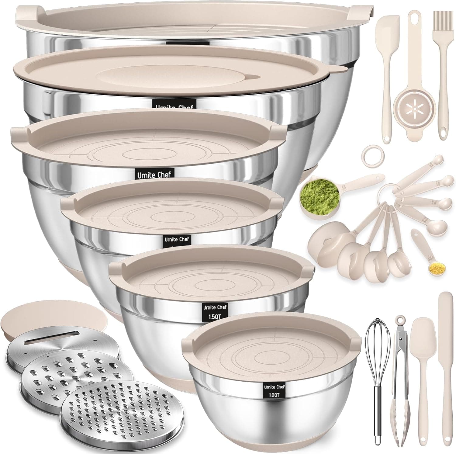 26-Piece Mixing Bowl Set with Airtight Lids, Stainless Steel Bowls with Grater Attachments and Kitchen Tools