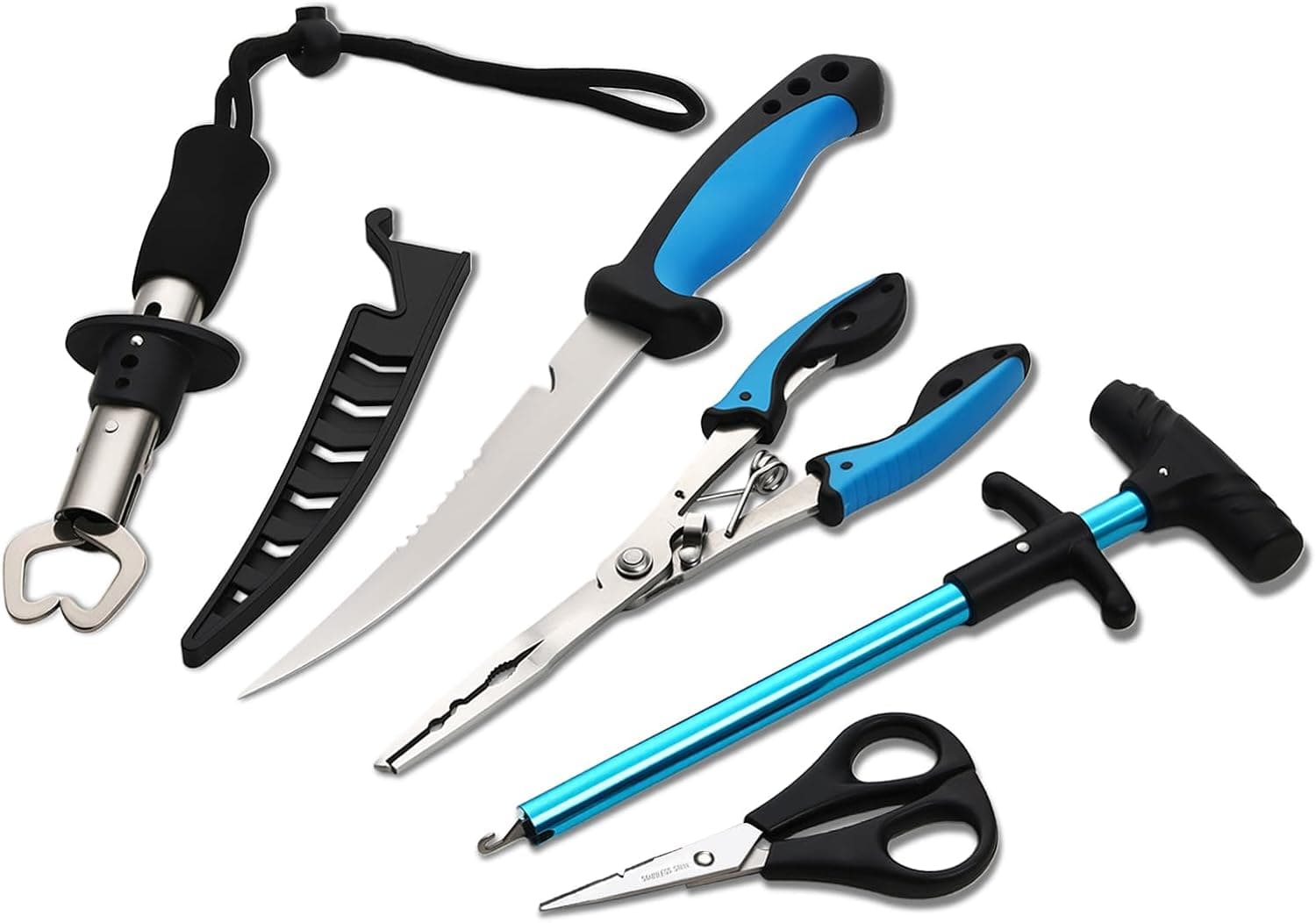 JOYOUSLIFE 5pc Fishing Tool Kits with Fishing Pliers, Fish Lip Gripper, Fish Stringer, Fishing Line Cutter, Fishing Hook Remover Tool