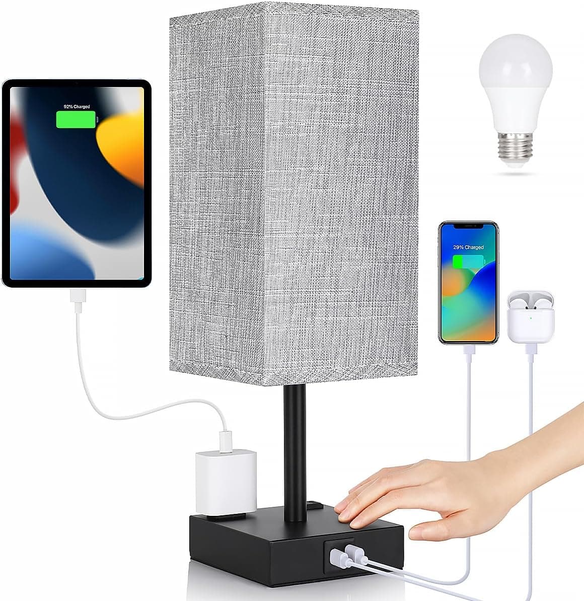 Modern Touch Control Table Lamp with 3 Brightness Levels, USB Charging Port, Bedside Lamp for Bedroom Nightstand
